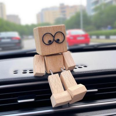 Shaking Wooden Man Figurine Office Tabletop Decorations Creative Handmade Wooden Statue Funny Car Interior Dashboard Decor