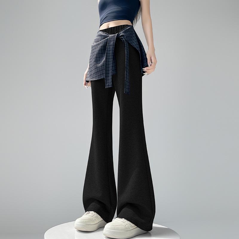 

Women s Summer High-Waist Plaid Micro-Flare Pants: Stylish Two-Piece Look, Slimming, Casual, Stretchy, Versatile Large чёрный