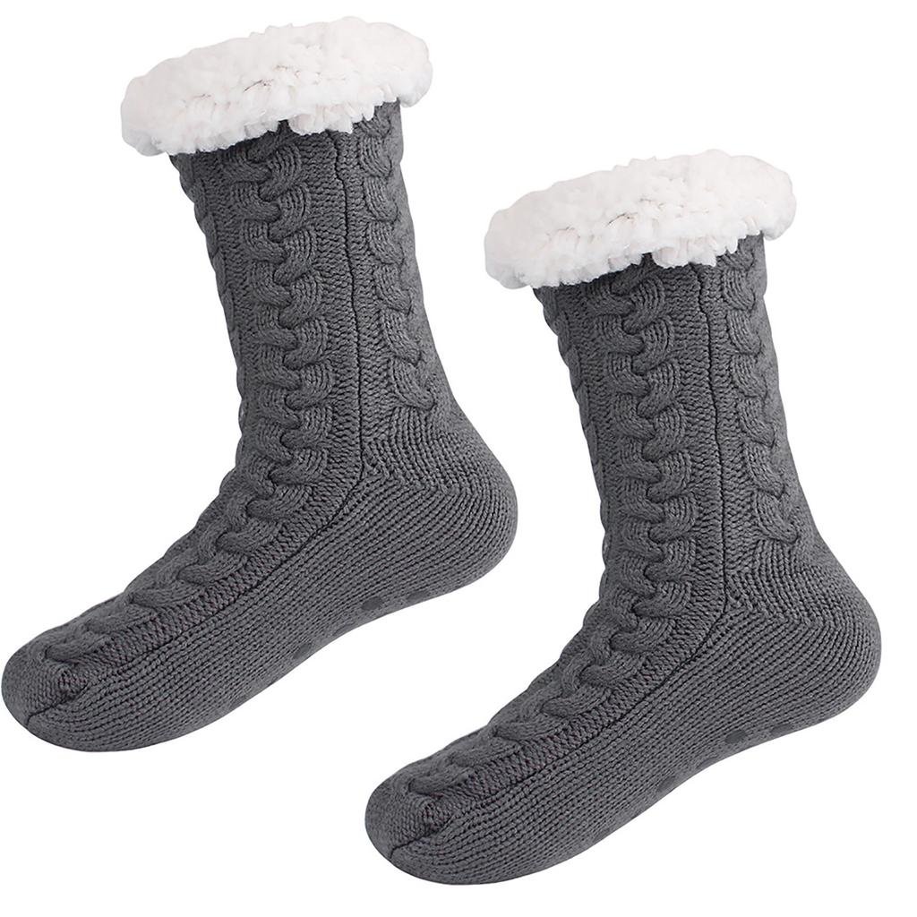 Women's Autumn And Winter Solid Color Velvet Thickening Home Silicone Bottom Non-slip Knitted Tube Slippers Socks