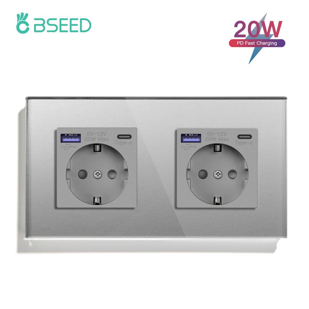 BSEED Double EU Wall Socket Type-c USB Power Sockets Android Apple Mobile Phone Charging Ports Glass Panel 16A