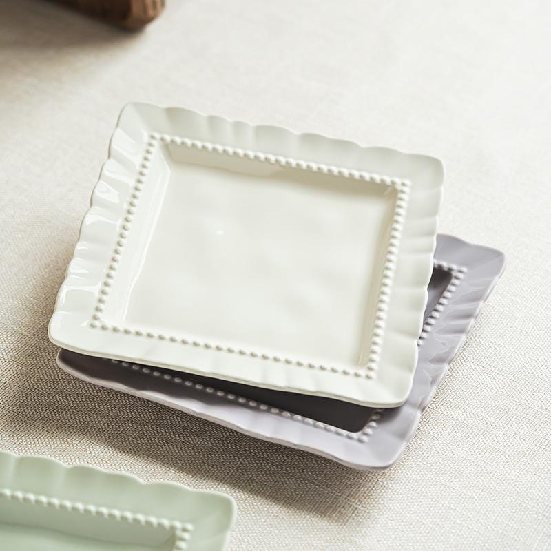 Cream Color High-Value Ceramic Square Plate Household Tableware Simple Dessert Plate Wavy Fruit Plate Vegetable Plate