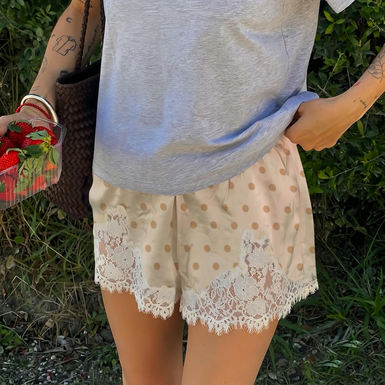 Women s Printed Polka Dot Casual Shorts with Lace Trim Patchwork Satin Fabric Comfortable Fit Lightweight Design XL