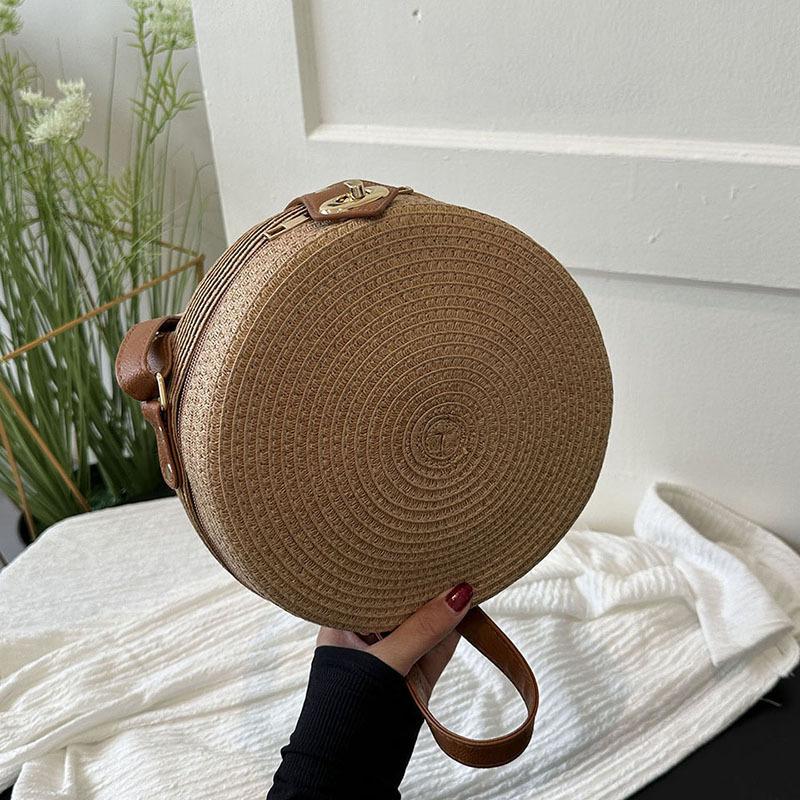 Yogodlns Geantă rotundă de țesut din ratan pentru femei, lucrată manual din frânghie de bumbac, geantă de tricotat de vară, geantă circulară de umăr, geantă de plajă vintage