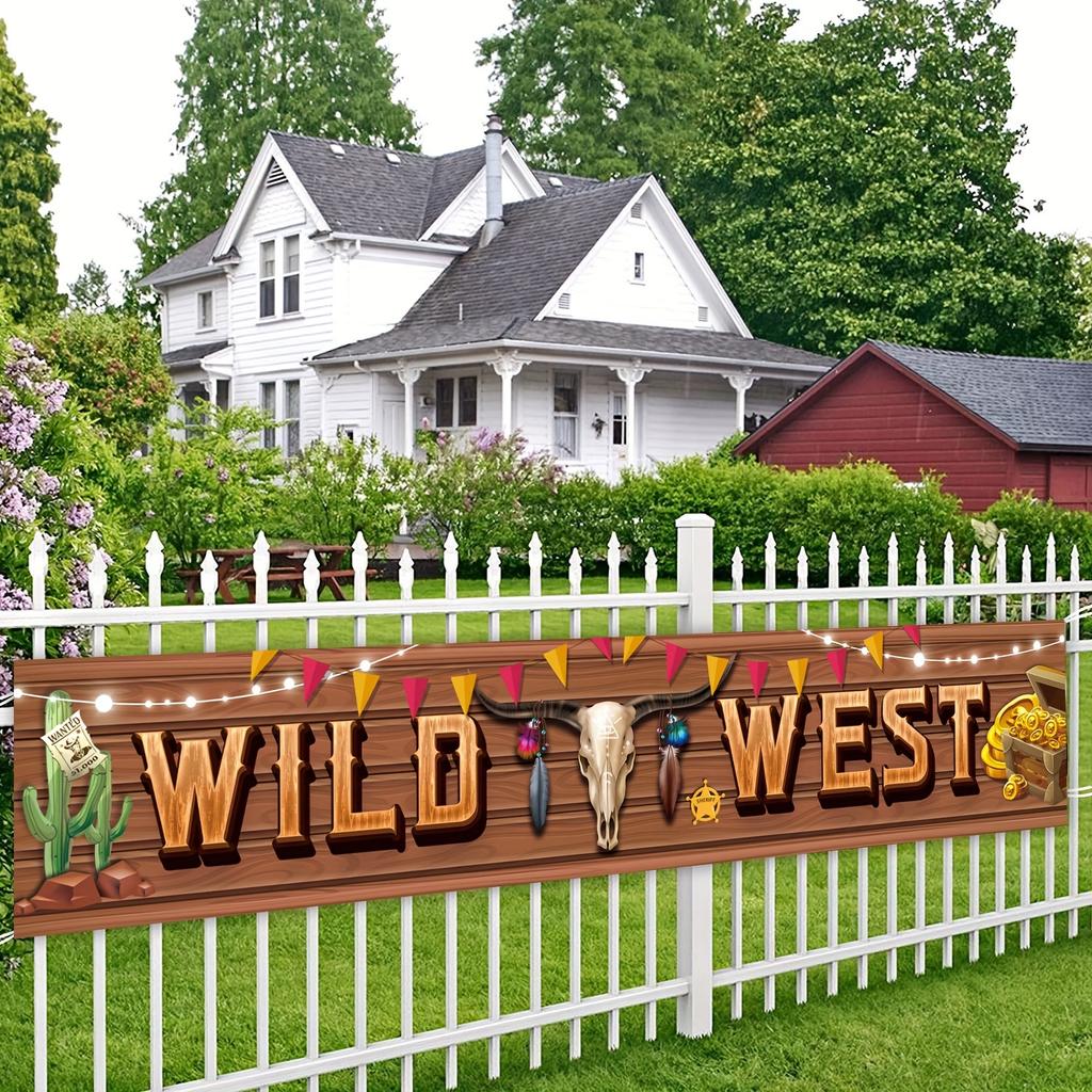 Western cowboy themed holiday party decorations, garden flags, banners, outdoor party decorations