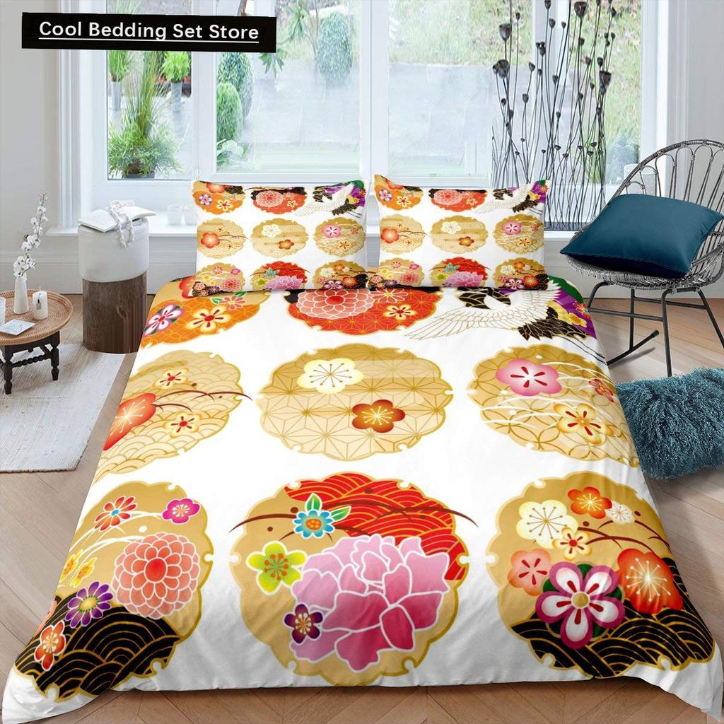 Japanese Style King Queen Duvet Cover Koi Fish Cherry Bedding Set Ukiyo-E Geisha Quilt Cover Sun Crane Polyester Comforter Cover