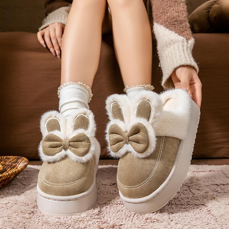 Bow style, thick-bottomed cotton slippers, autumn and winter home indoor velvet, non-slip, warm and comfortable plush cotton mop