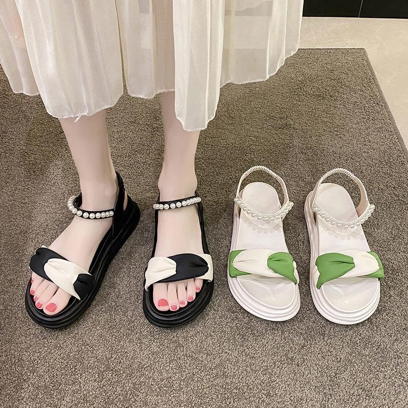 Women's Sandals Beach Pearl Platform Round Toe Tip Color Spelling Ladies Shoes High Quality Summer 2025 Comfortable Sale Elegant
