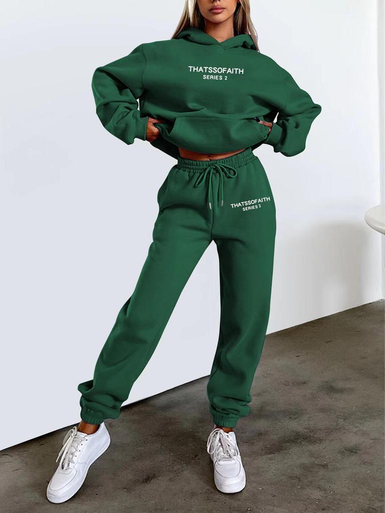 European-American Women's Fashion Letter Print Hoodie & Fleece Jogger Set