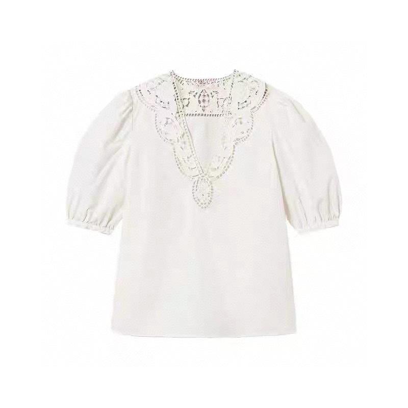 French V-Neck Embroidered Puff Sleeve Pleated White Blouse - Women s 2026 New Style Short-Sleeve Shirt Size S