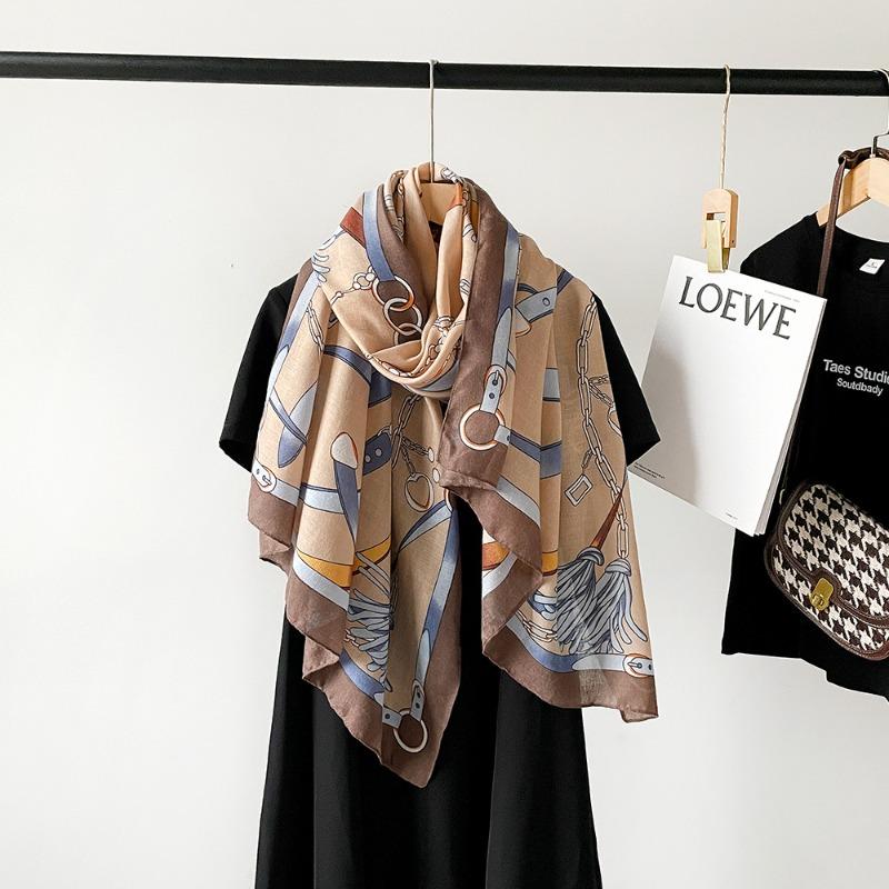 New Cotton and Linen Scarf Women's Autumn High-end Feeling Belt Buckle Printed Silk Scarf Angola Red Shawl