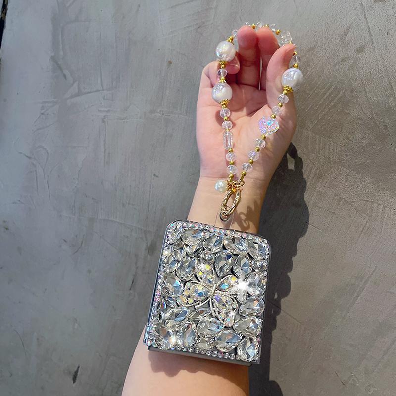 For Samsung Galaxy Z Flip 7 FE 6 5 4 3 5G Fashion Cute Rhinestone Butterfly Diamond Case Cover with Bling Crystal Hand Strap