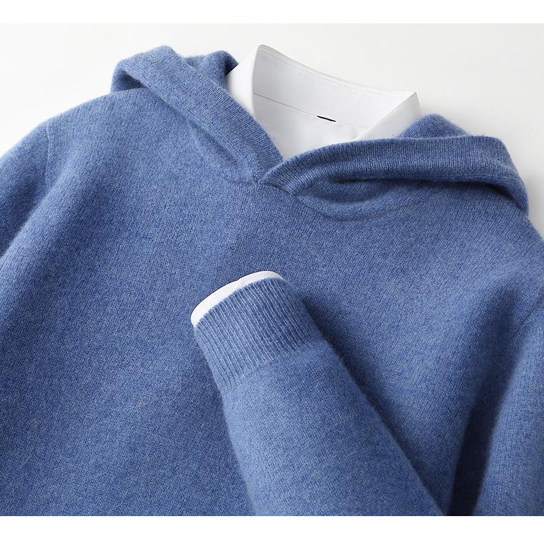 Men's 100% Pure Wool Knit Hoodie - Long Sleeve Solid Color Pullover for Autumn/Winter