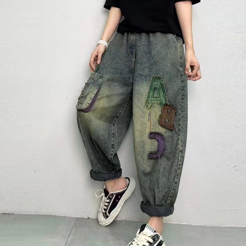 

Женские трендовые винтажные джинсы-шаровары из денима в стиле стритвир Y2K с нашивкой в виде буквы, женские джинсы в стиле харадзюку с эластичной высокой талией, карманами, хип-хоп, мешковатые XXL синий