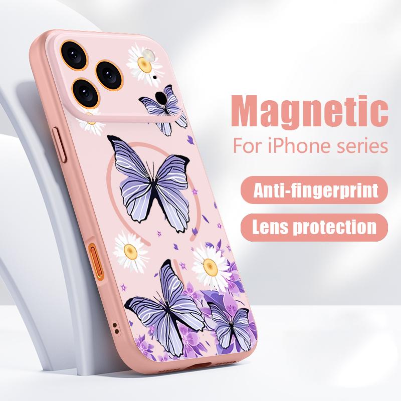 Butterfly Flowers Pattern Case For iPhone 17 Pro Max Magnetic For Magsafe Hybrid Slim Matte Cover For iPhone 16 15 14 13 Pro Max