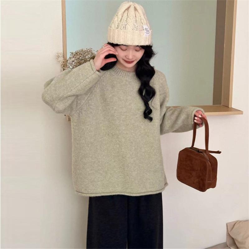 

Soft waxy curled edge thickened pullover sweater women s autumn and winter new gentle lazy wind loose soft waxy knitted top one size fits all зелений