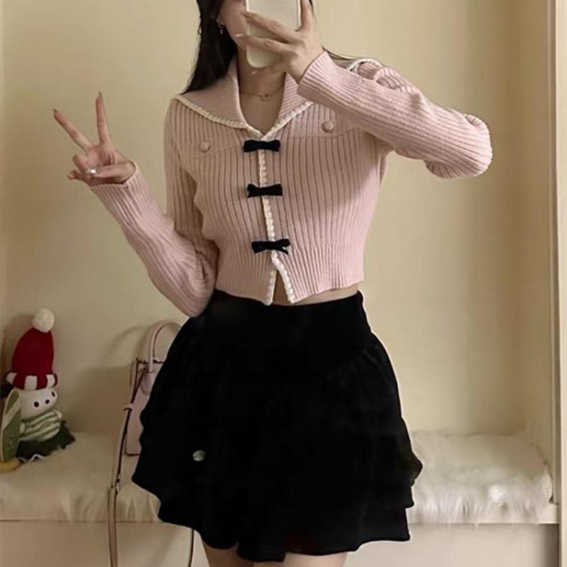 

Осень новый топ женский розовый бант темно-синий воротник длинный рукав вязаный свитер маленький короткий свитер женщины one size fits all розовый