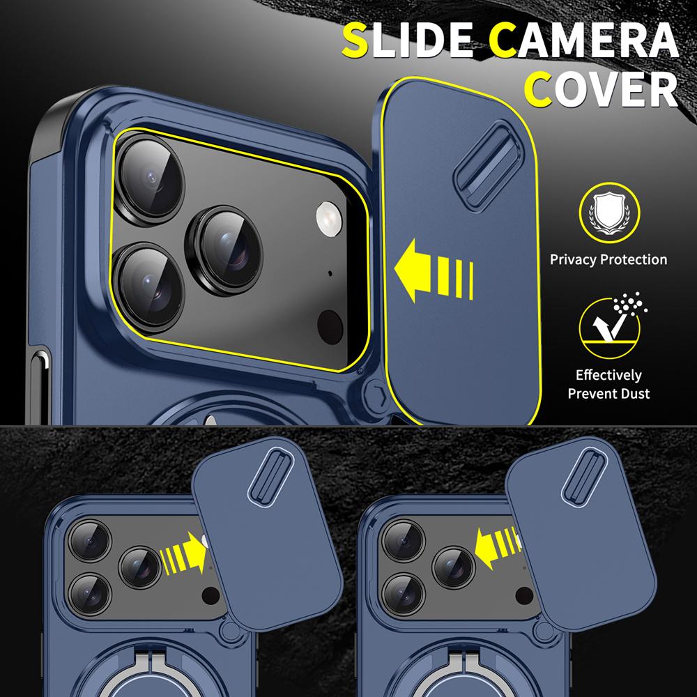 KEYSION 360° Rotating Ring Stand Phone Case for iPhone 17 Pro Max Silicone+PC Slide Camera Protection Magnetic Shockproof Cover