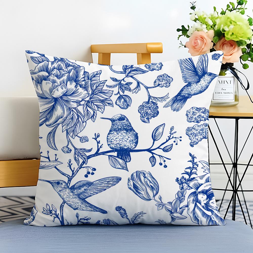 Blue and White Porcelain Cushion Cover Washable Linen Pillowcase Soft for Sofa Bed Cozy Home Room Decor