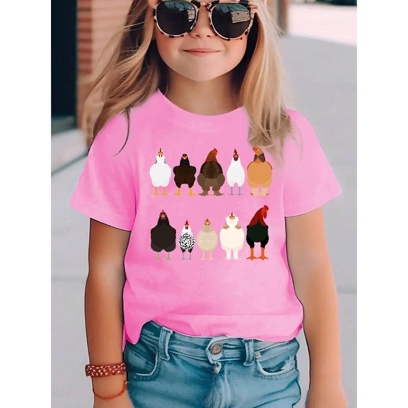 European sizes Summer Fashion Girls' Short Sleeve T-Shirt with Chick Cartoon Print, Casual Versatile Top