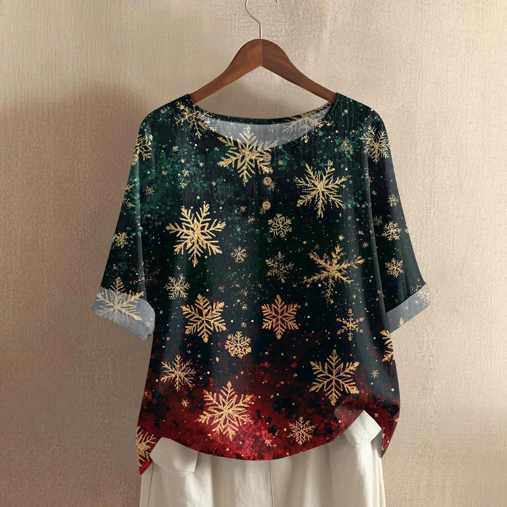 Women's Fashionable And Casual Shirt Half-sleeve Round Neck Print Cotton And Linen Blouse Top