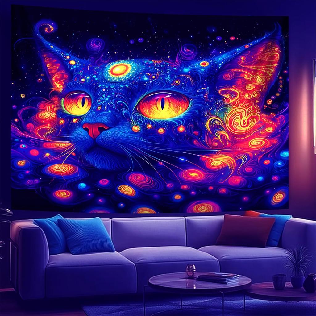Galaxy Cat Art Tapestry Wall Hanging Cosmic Space Animal Painting Blue Vibrant Bohemian Poster