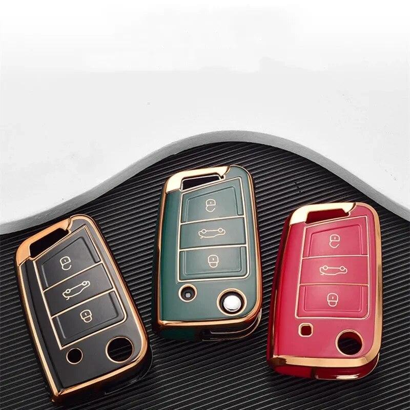 Gold Edge Car Key Case Full Cover Fob pro VW Volkswagen Golf 7 MK7 Tiguan MK2 pro SEAT Ateca Leon FR 2 Ibiza pro Škoda Octavia