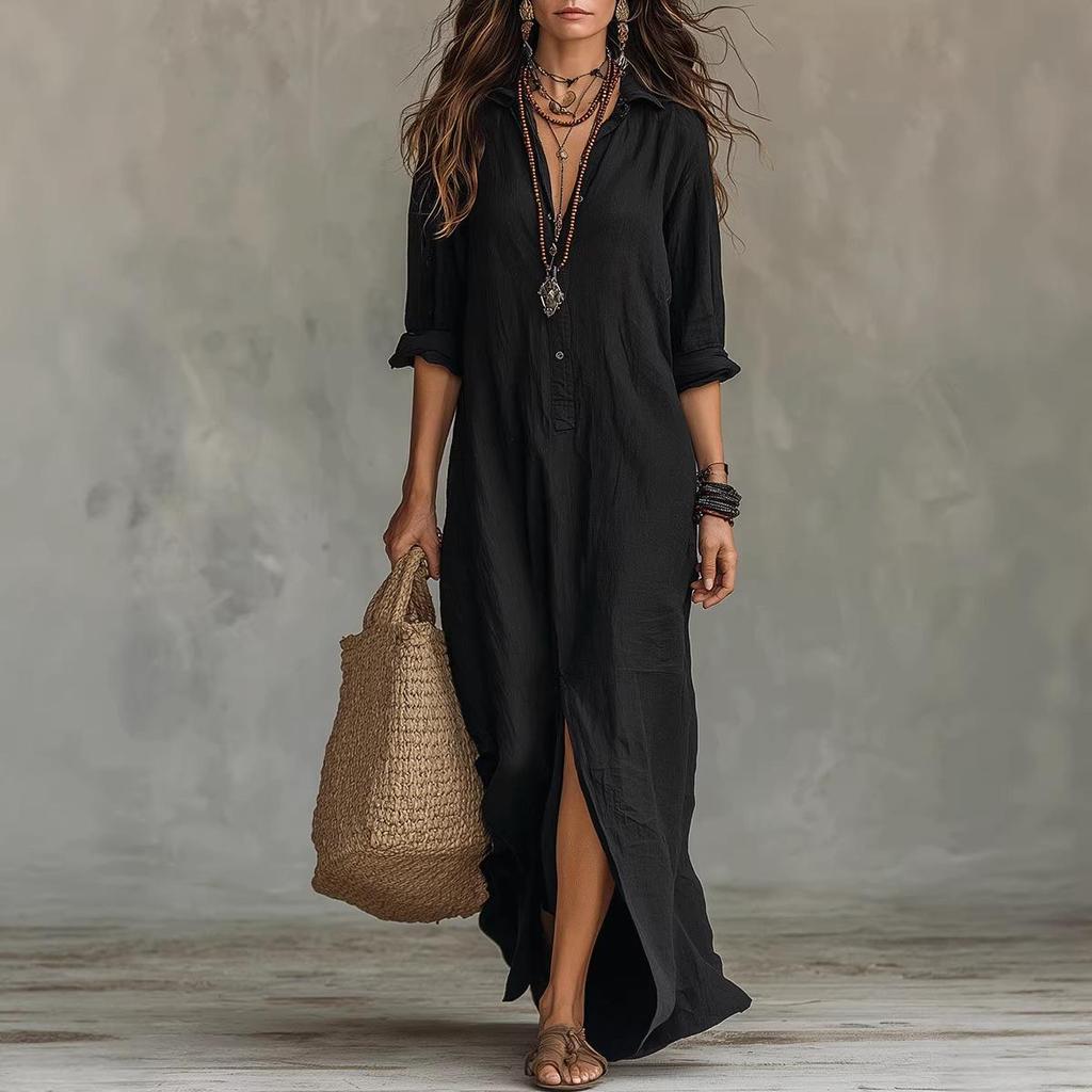 2026 Spring/Summer Casual Solid Color Lapel Slit Dress