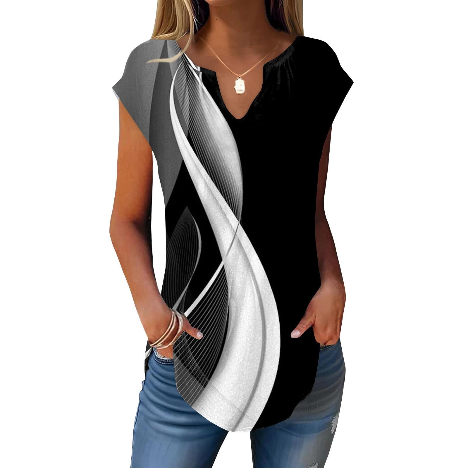 

Летние футболки с короткими рукавами для женщин, модные свободные повседневные нарядные туники с V-образным вырезом, плиссированные топы на бретелях L чёрный
