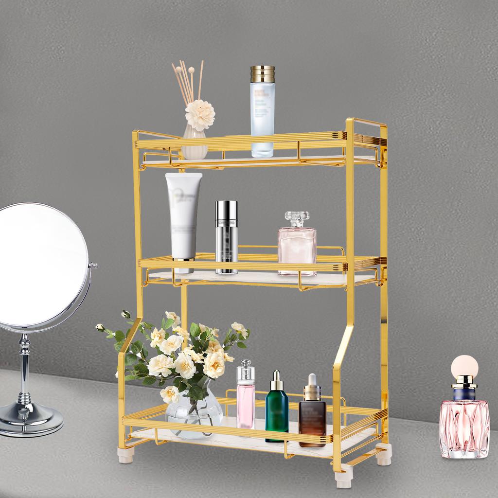 3-layer Bathroom Skincare Shelf, White Gold Countertop Storage W/ Railing,Desktop Bookshelf for Bedrooms, Living Rooms & Offices