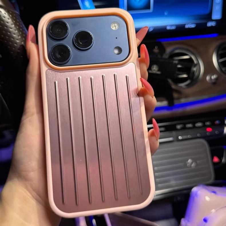 

3D Гофрована Смуга Для Багажу RIMOWA Business Чохол Для IPhone 17 Pro Max 16 15 14 13 Оригінальна Подарункова Коробка Алюмінієвий Сплав Піднятий Захист Камери iPhone17 Pro Max рожевий