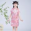 Chinese Style Girls Cheongsam Dress Brocade Summer Retro Button Stand Collar Stage Performance