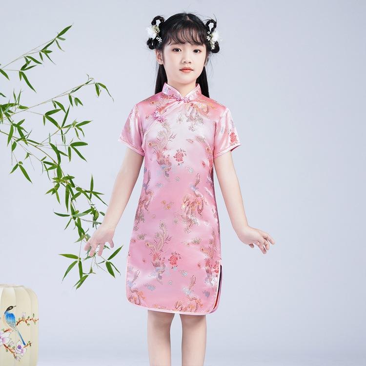 Chinese Style Girls Cheongsam Dress Brocade Summer Retro Button Stand Collar Stage Performance