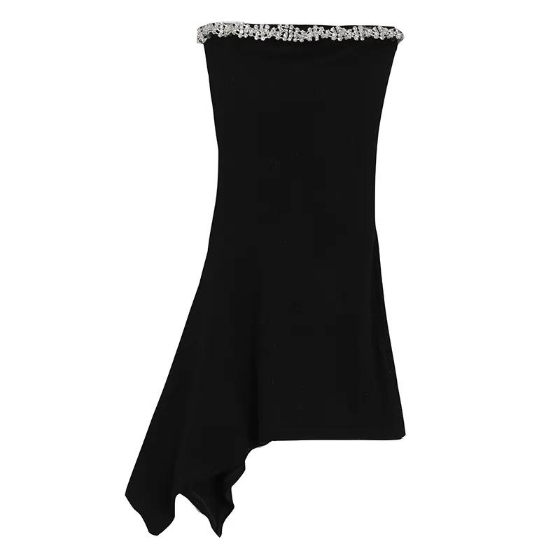 Womens Elegant Black Strapless Rhinestone Asymmetrical Hem Mini Dress