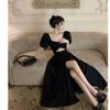 Official picture French Hepburn style black dress women's collar bubble sleeve skirt waist hollow split temperament long dress
