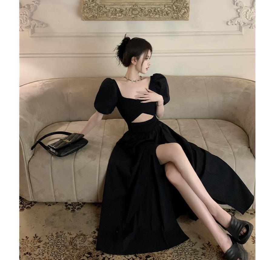 Official picture French Hepburn style black dress women's collar bubble sleeve skirt waist hollow split temperament long dress