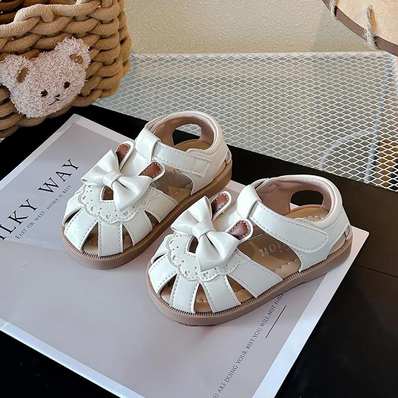 Fashion 2025 Children Fashion Sandals for Girls Summer New Korean Style Bowtie Soft Bottom Anti-slippery Versatile Baby Walk Beach Shoes