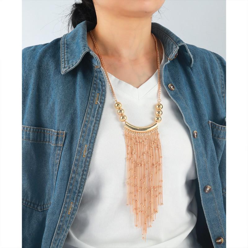 Layered Tassel Beaded Alloy Necklace Women Long Statement Chain With Geometric Pendant Gold/ Lightweight Fashion