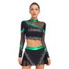 Women Cheerleading Dancewear Set Rhinestone Crop Top Long Sleeve Design Matching Skirt Performance Outfit