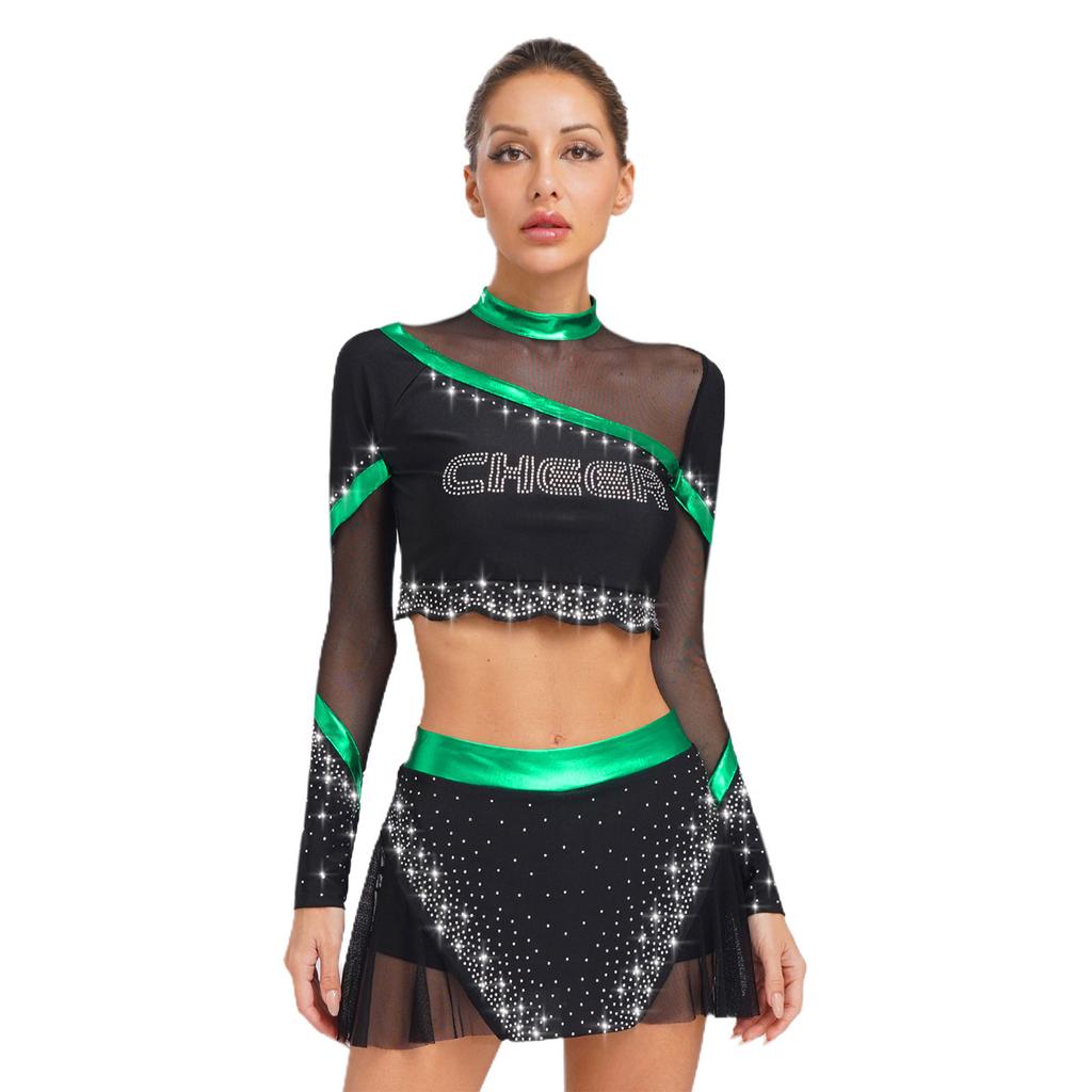 Women Cheerleading Dancewear Set Rhinestone Crop Top Long Sleeve Design Matching Skirt Performance Outfit