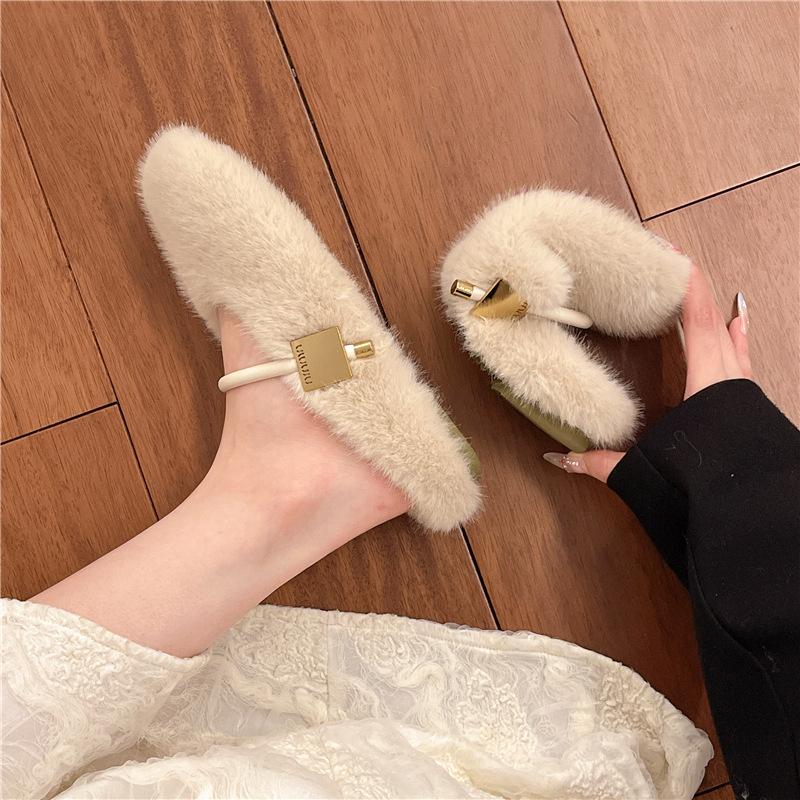 Retro jednoduché chlupaté boty pro ženy 2025 zimní nošení s plochou podrážkou nazouvací čepice pro ženy, sametové univerzální bavlněné pantofle pro ženy