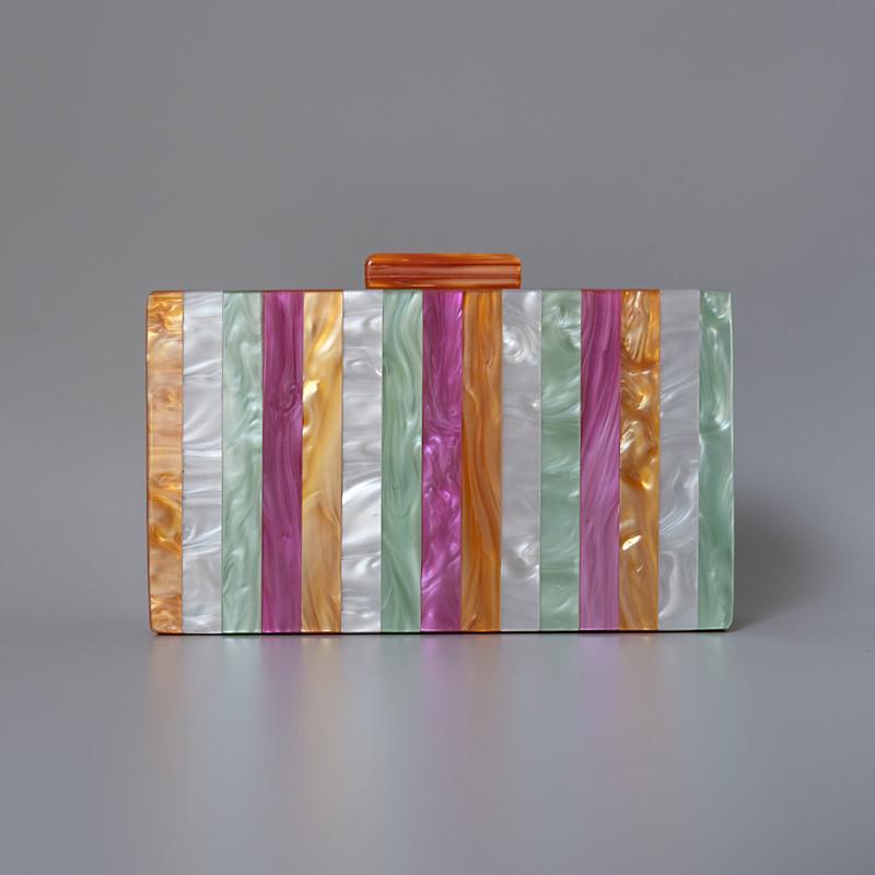 Μόδα Νέο ακρυλικό γυναικείο κουτί συμπλέκτη Πολυτελές πολύχρωμο συνονθύλευμα πάρτι ριγέ τσάντα γυναίκα Χαριτωμένη περιστασιακή βραδινή τσάντα γάμου