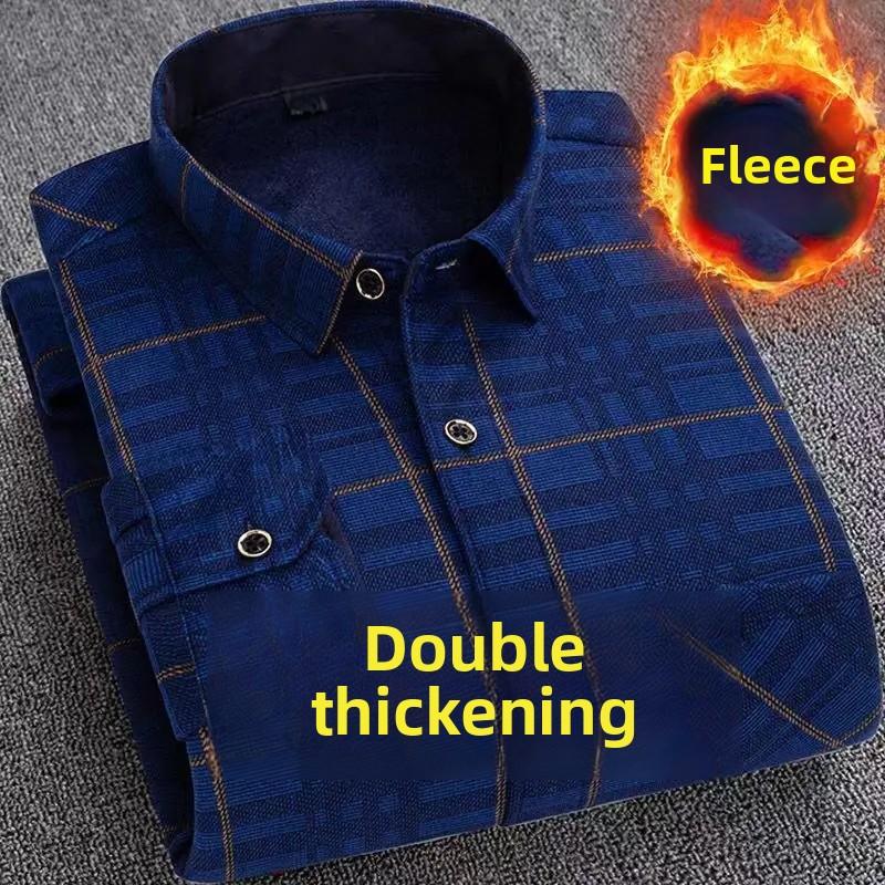 Korean Style Men's Warm Fleece Lined Thick Long Sleeve Plaid Casual Slim Fit Shirt Fashionable Winter Clothing