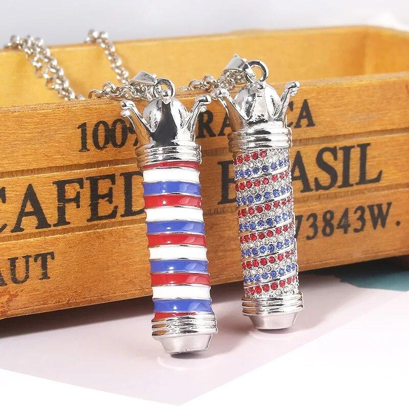 Fashion Crystal Barber Shop Turn Light 3D Necklace Crown Hairdresser Logo Necklace Pendants Barbers Jewelry Gift