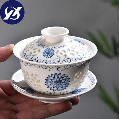 Blått och vitt porslin ihåliga tekoppar Keramik Kung Fu Gaiwan Office teskål med lock 160 ml