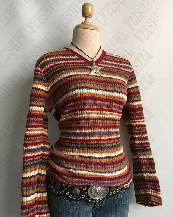 Harajuku Striped V-Neck Slim Fit Women's Sweater - Autumn/Winter Collection