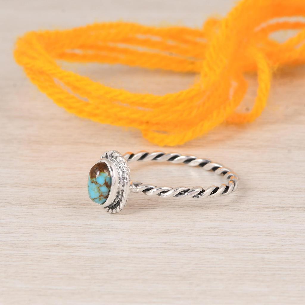 Artisan Handcrafted Kingman Turquoise Solitaire – Oxidized Silver Rope Band Ring – December Birthstone