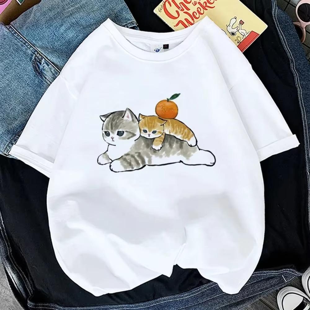 Kawaii Cat Women Print T-shirt Girl Animal Y2K Fashion 90S Harajuku Print Tops Tee Gril Black White Summer Clothes Tshirts