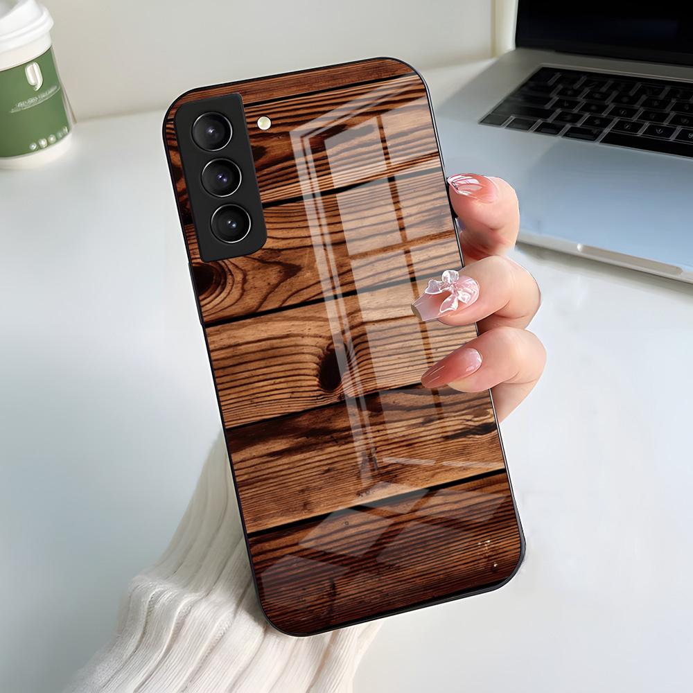 Natural Wood Phone Case For Samsung S26 S25 S24 FE S23 S22 S21 Plus S20 Ultra Note20Ultra Black Glass Cover