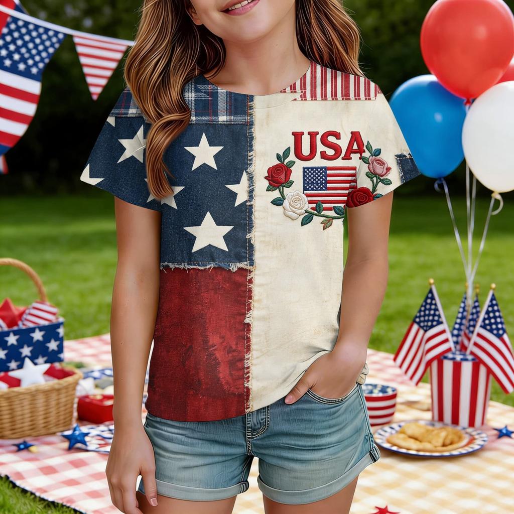 Kids Independence Day Print Round Neck Short Sleeve Casual T-shirt