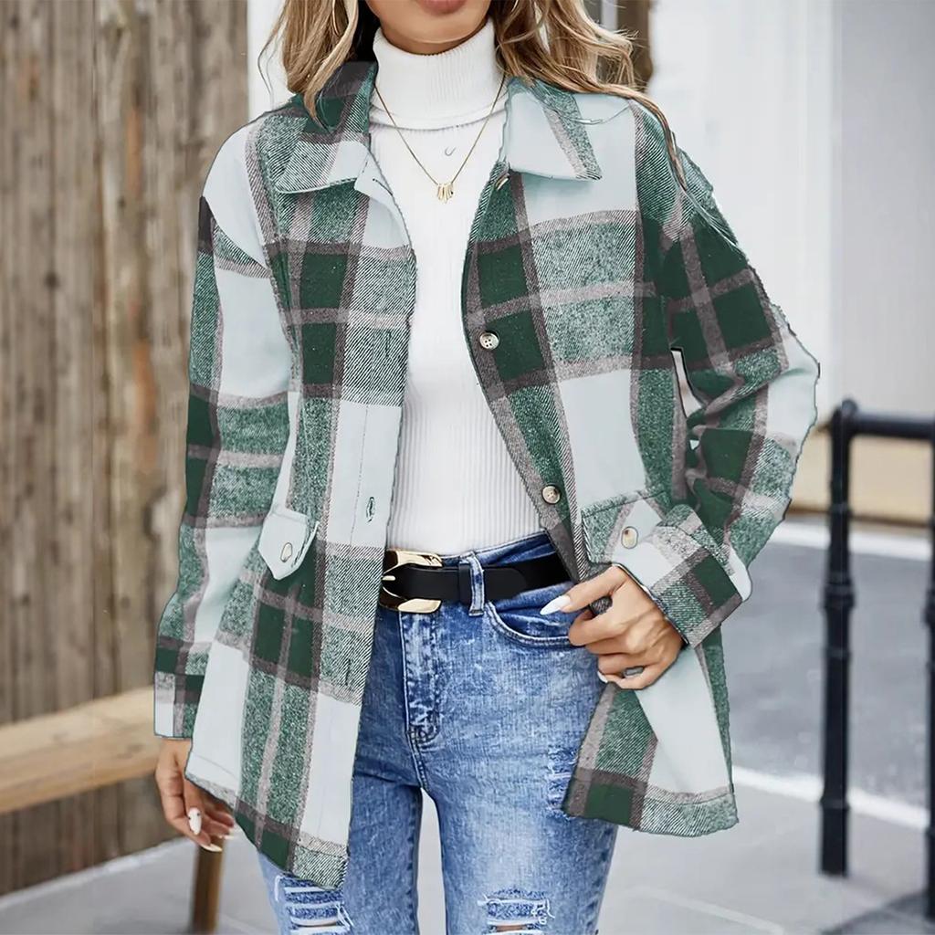 Women's Fashion Plaid Lapel Single Breasted Long Sleeved Shirt Jacket